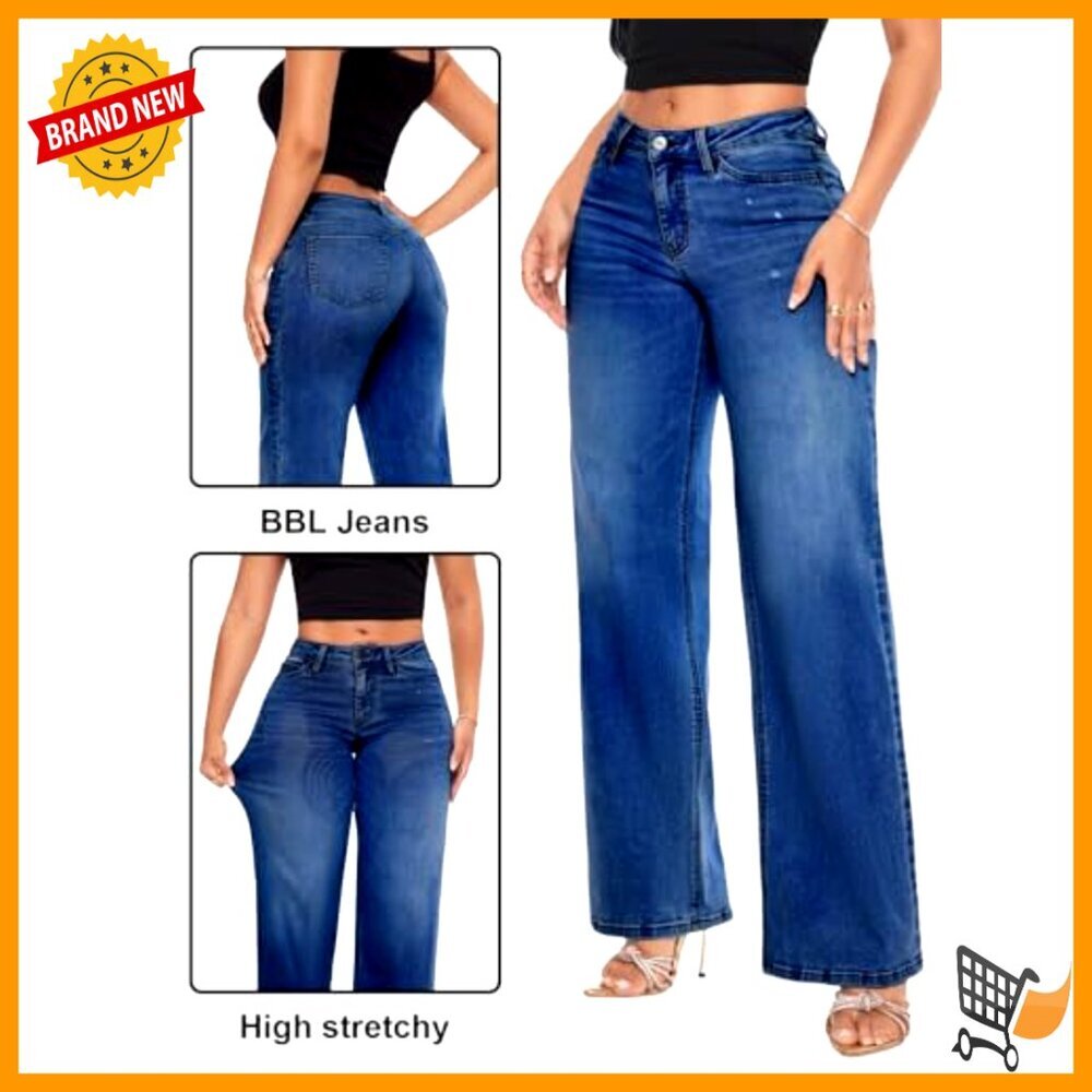 Wide Leg Baggy Jeans Mid Low Rise Stretchy Denim Women's Pants - Picture 5 of 7